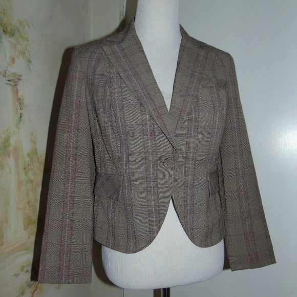Hillard and Hanson brown beige pink one button women's plaid stretch blazer 4 - Picture 1 of 8